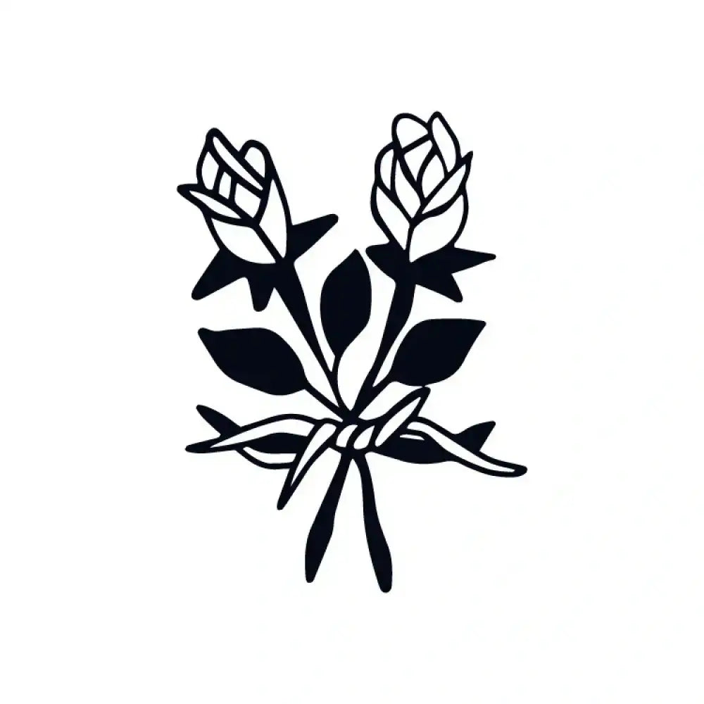 Black-and-white outline two roses tattoo sticker with barbed wire