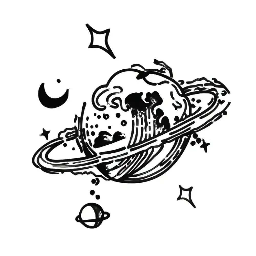 Stylized black and white Saturn with rings for Wave Planet small tattoo sticker
