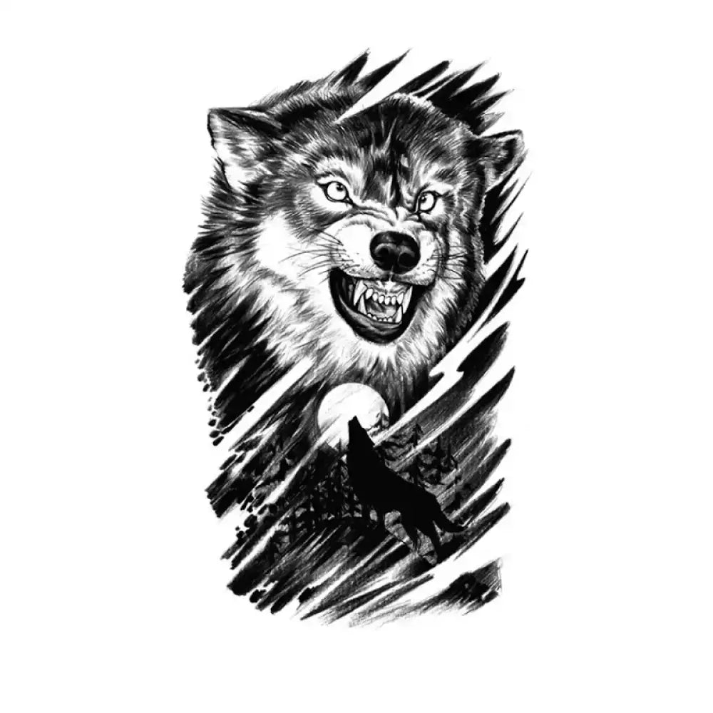 Black and white wolf snarl tattoo sticker with howling wolf and moon
