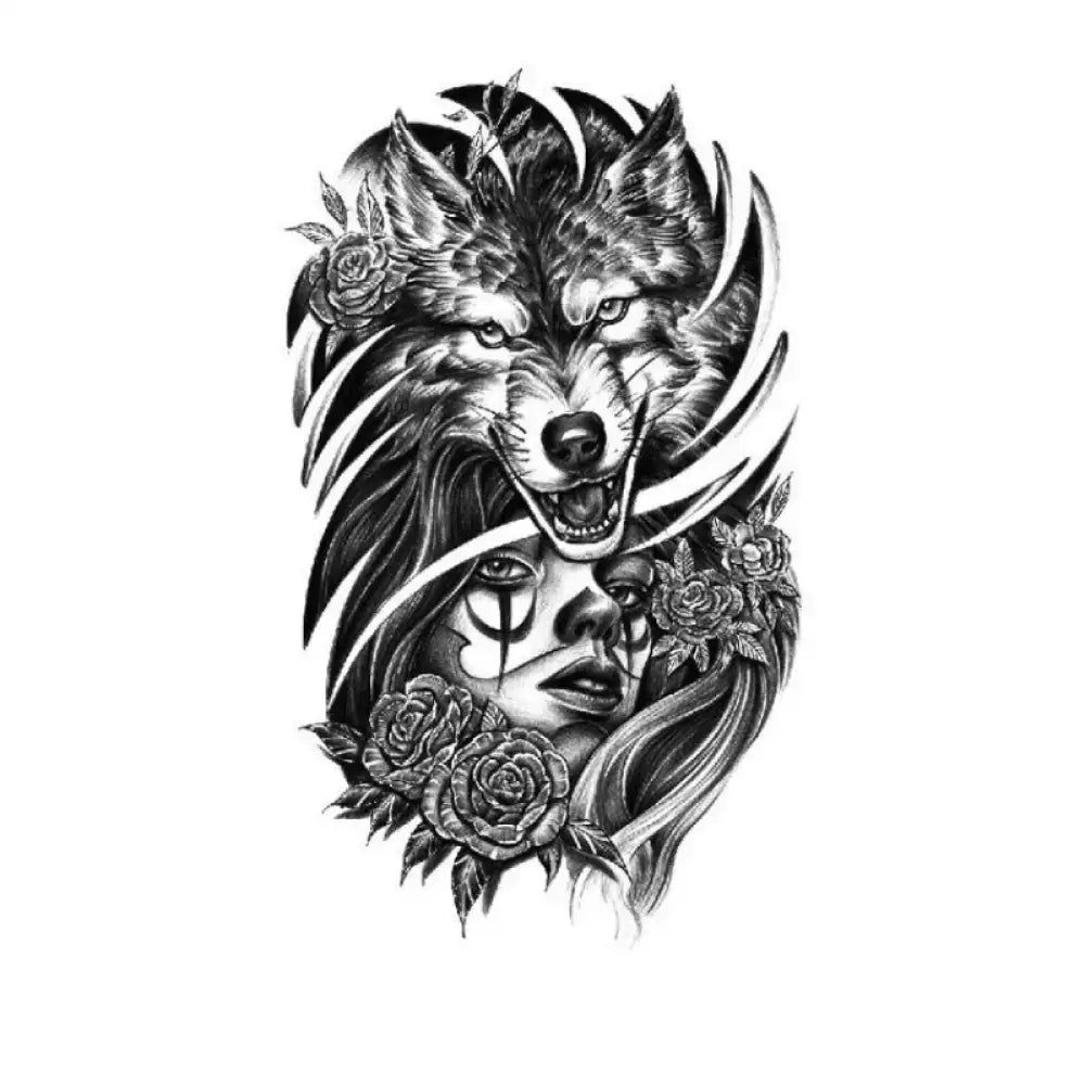 Grayscale snarling wolf spirit small tattoo sticker on womans clown face with roses
