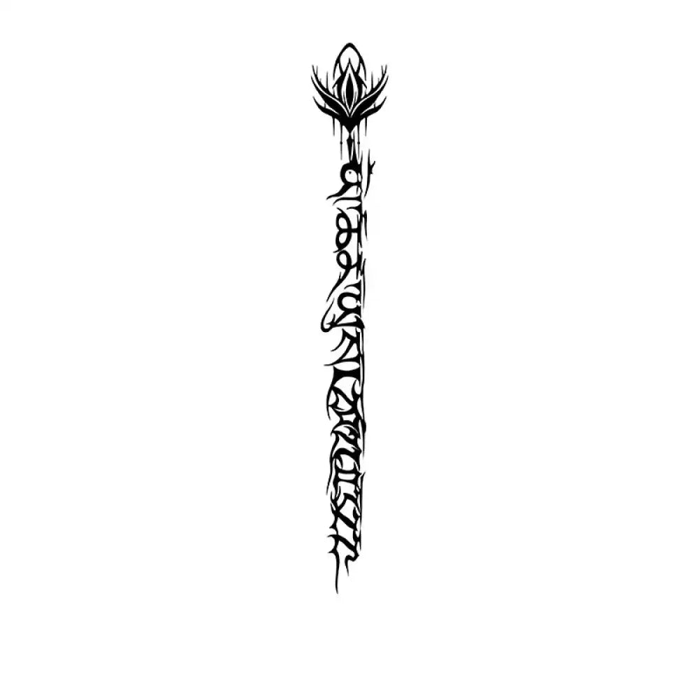 Stylized black tribal spine tattoo sticker with lotus and flowing script