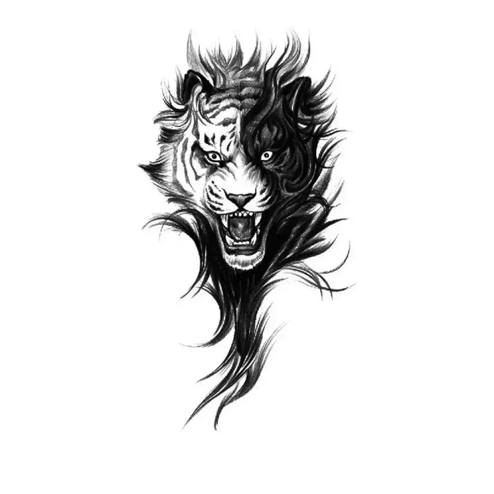 Monochromatic split-face Polar Tiger Soul tattoo sticker with stylized fur
