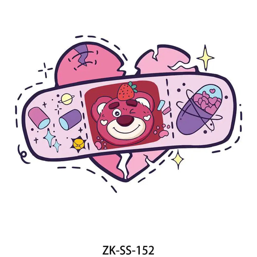 Teal Floral tattoo sticker with a pink broken heart, strawberry bear, pills, and space elements