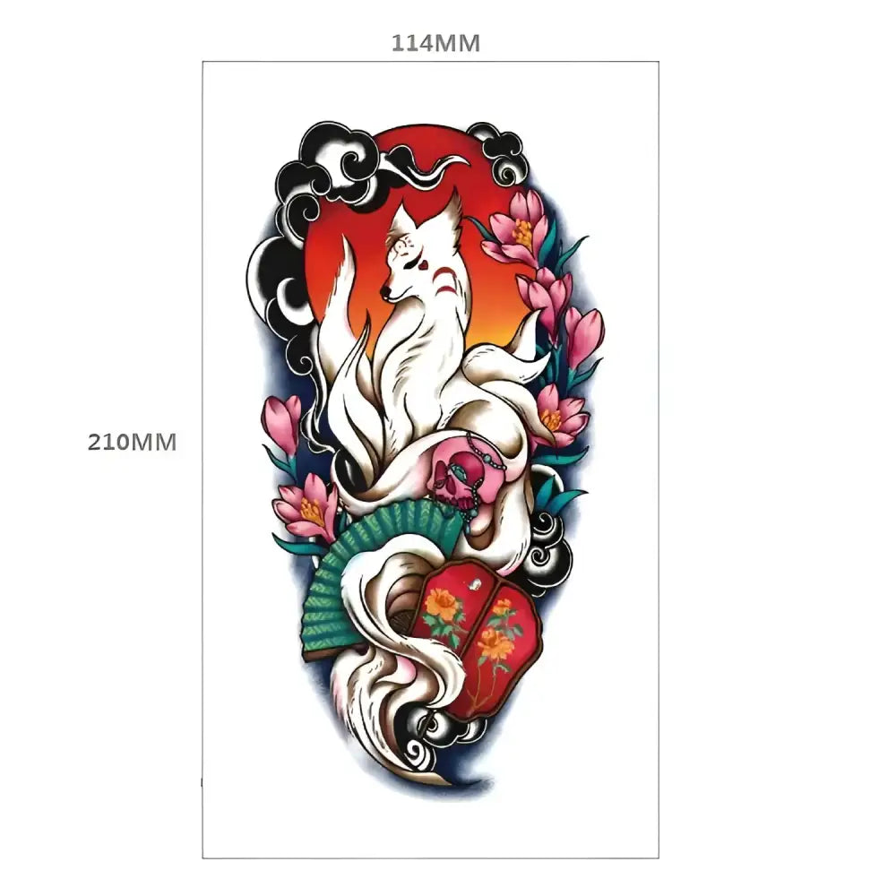 Colorful temporary tattoo design featuring a nine-tailed fox with flowers and Japanese fans
