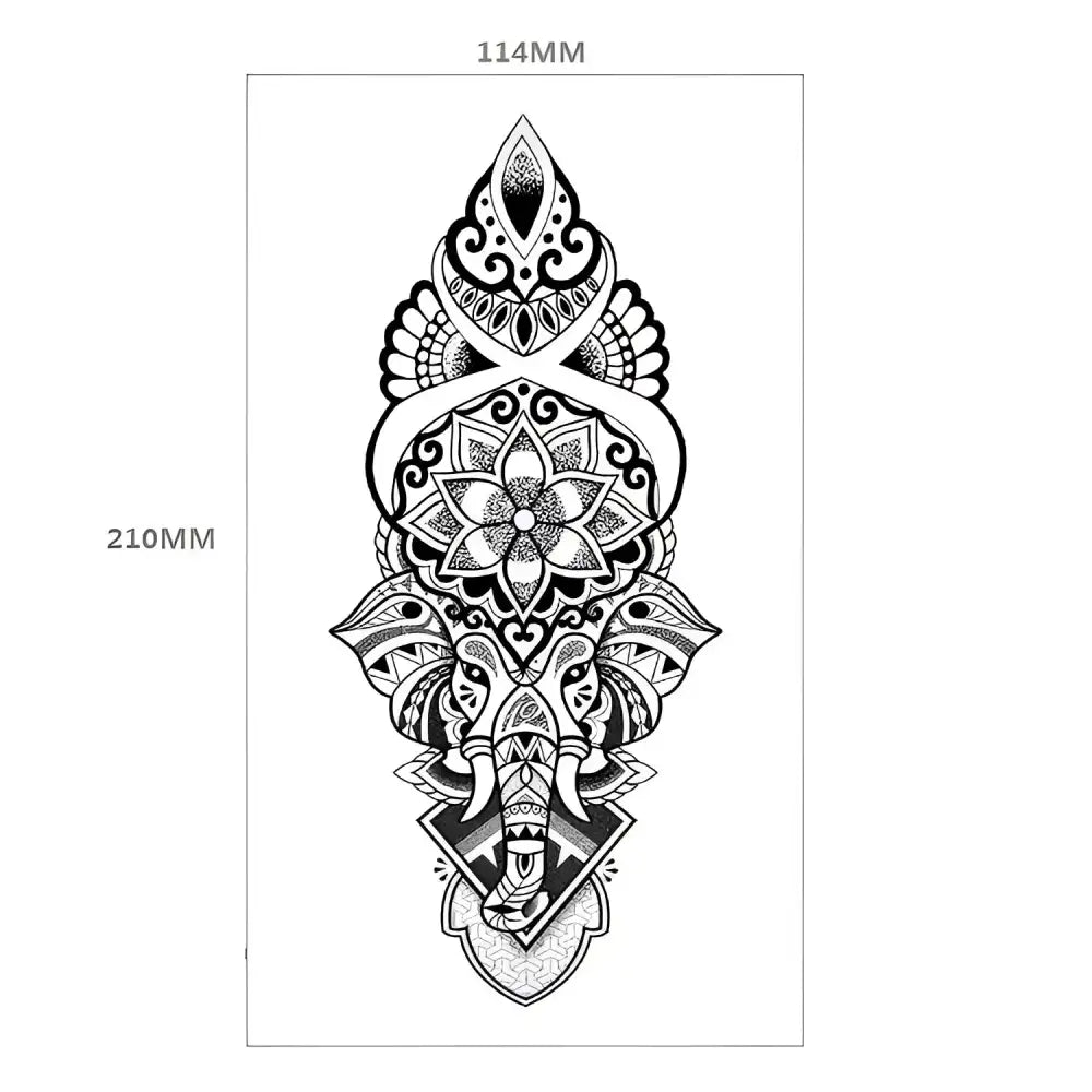 Detailed black and white temporary tattoo design with ornate elephant head and mandala patterns, XQB-4 11.4x21cm