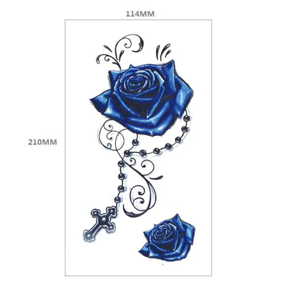 Temporary Tattoo Design XQB-5 with Blue Roses, Rosary, and Cross