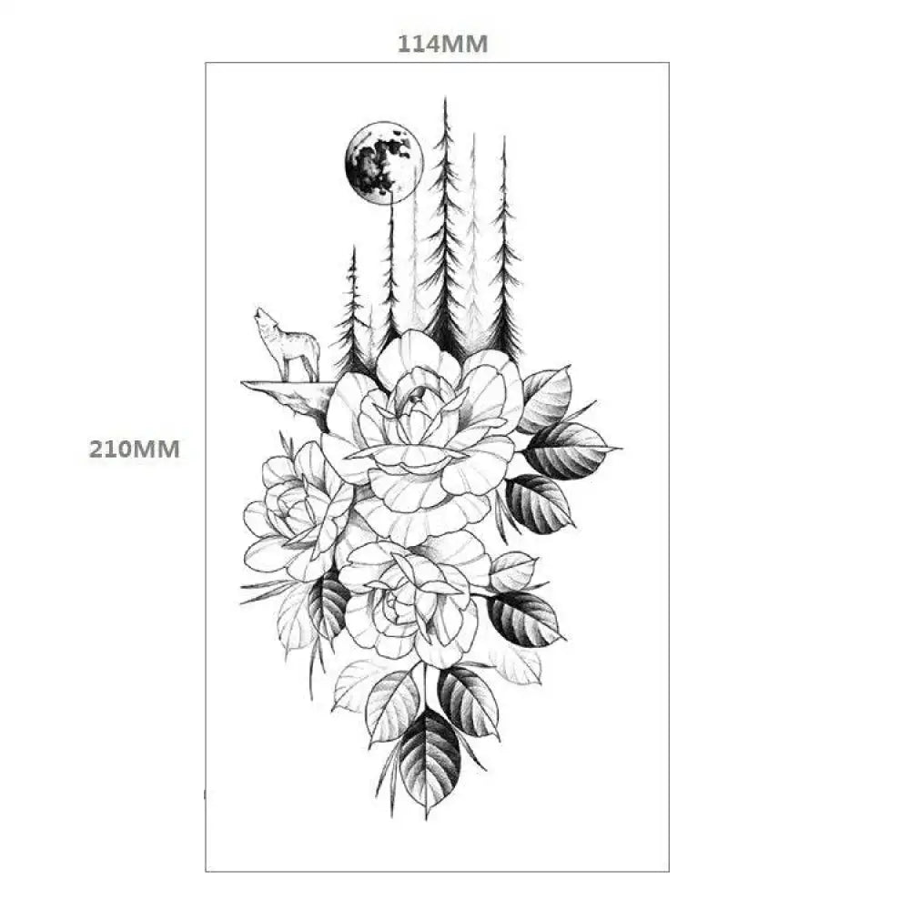 Black and white temporary tattoo design of howling wolf, moon, pines, roses