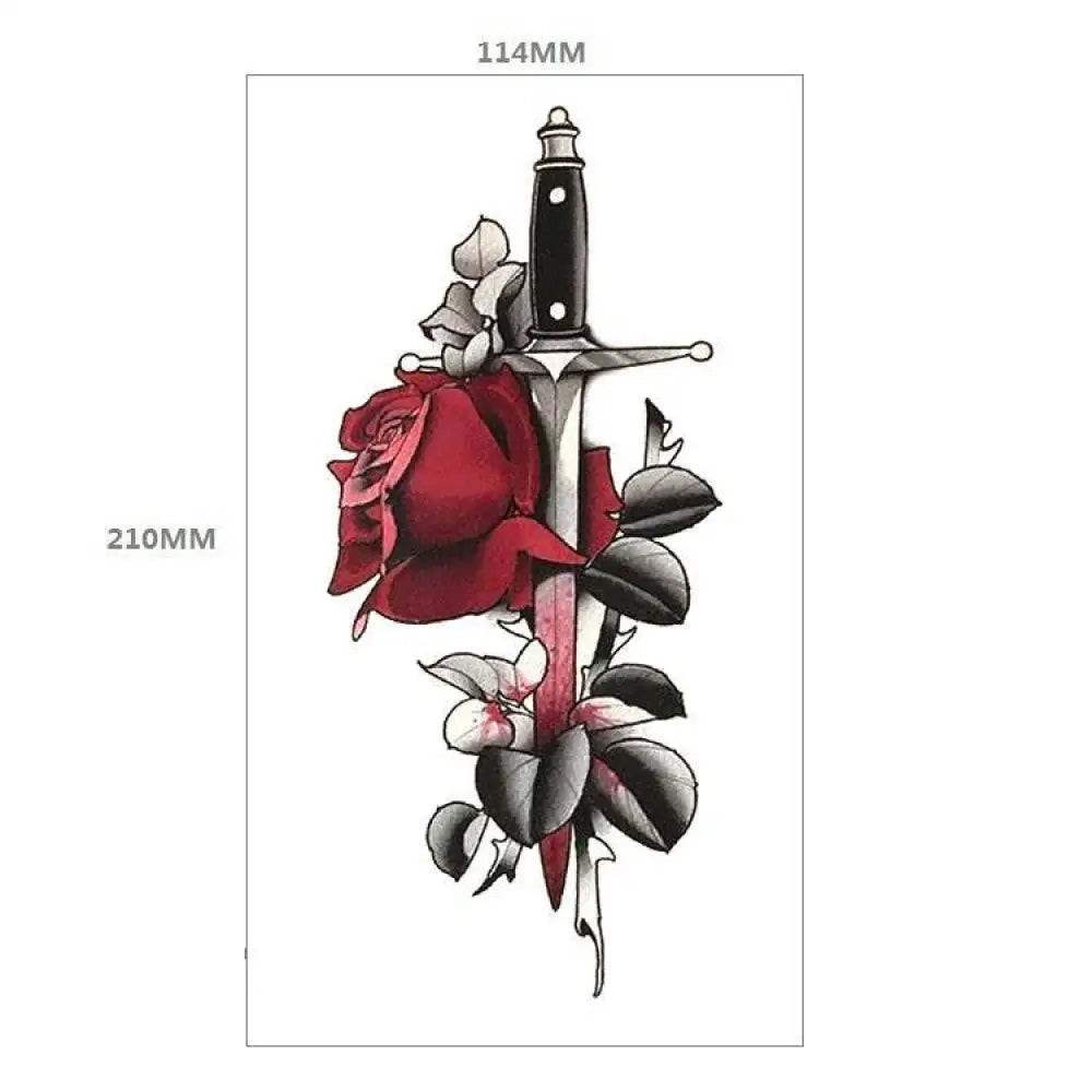 Red rose and dagger temporary tattoo design XQB-8, 11.4 x 21 cm