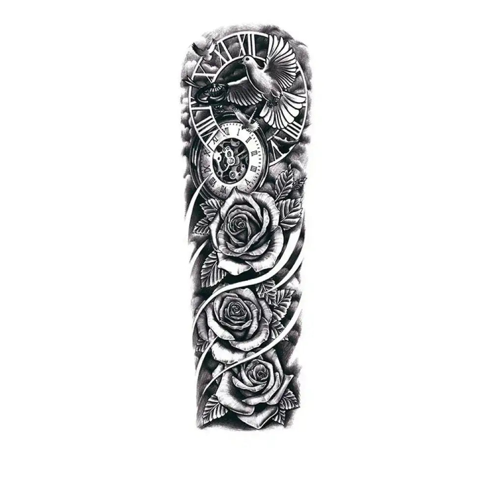 Black and white tattoo sticker sleeve with roses, clocks, dove: The Time Pasts