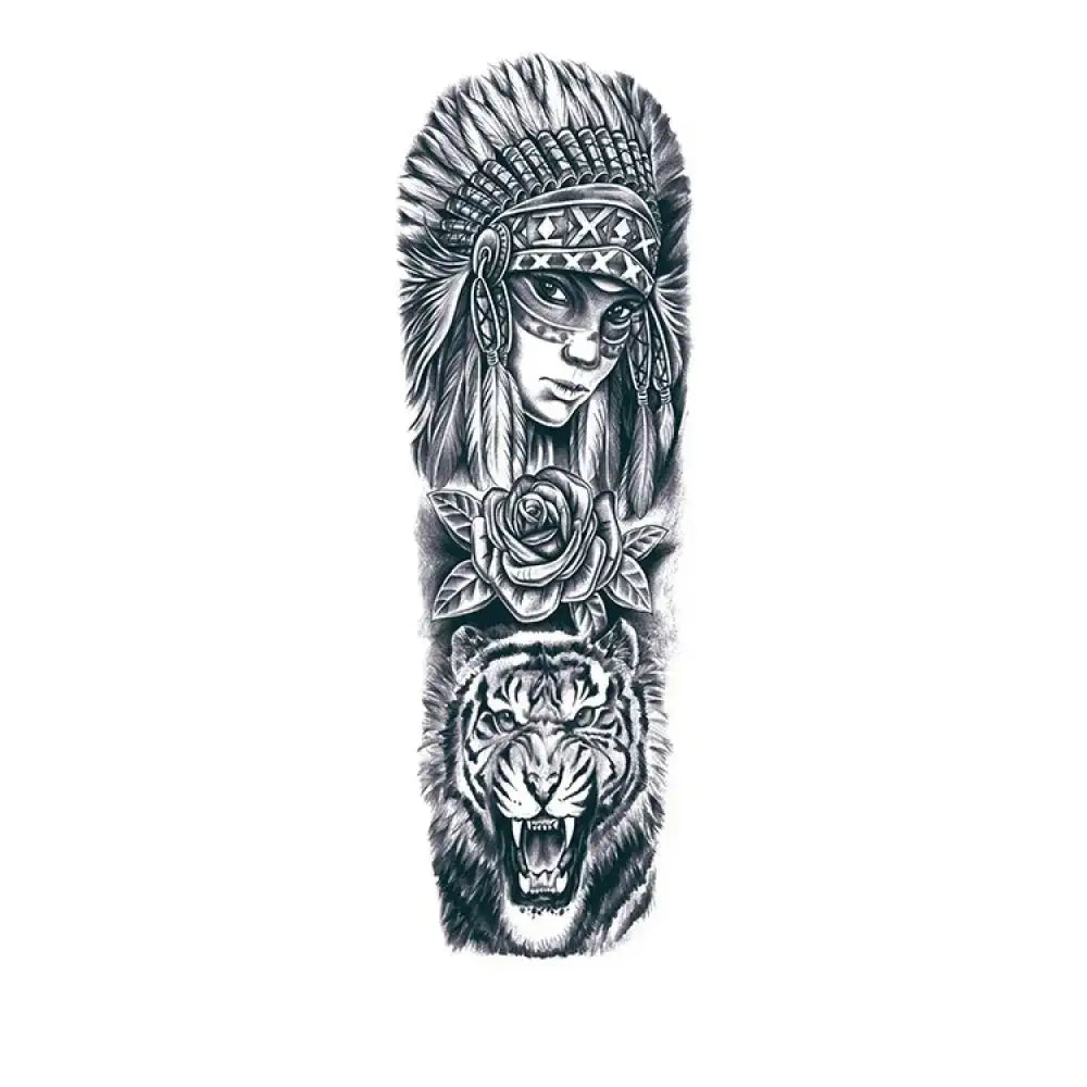 Black and white temporary tattoo sticker of American Worrior, rose, and roaring tiger