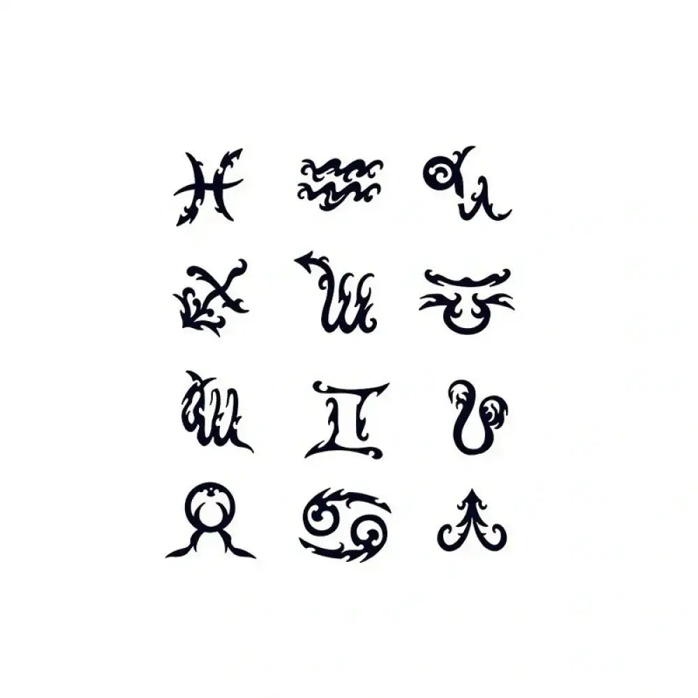 Stylized tribal zodiac set with twelve horoscope signs in a decorative display