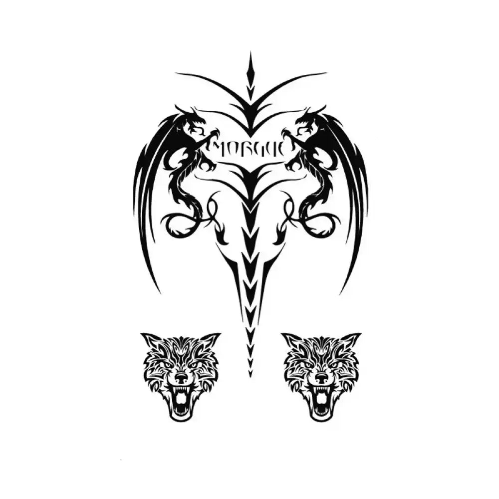 Twin Dragons Crest black tribal tattoo sticker with dragons and wolves