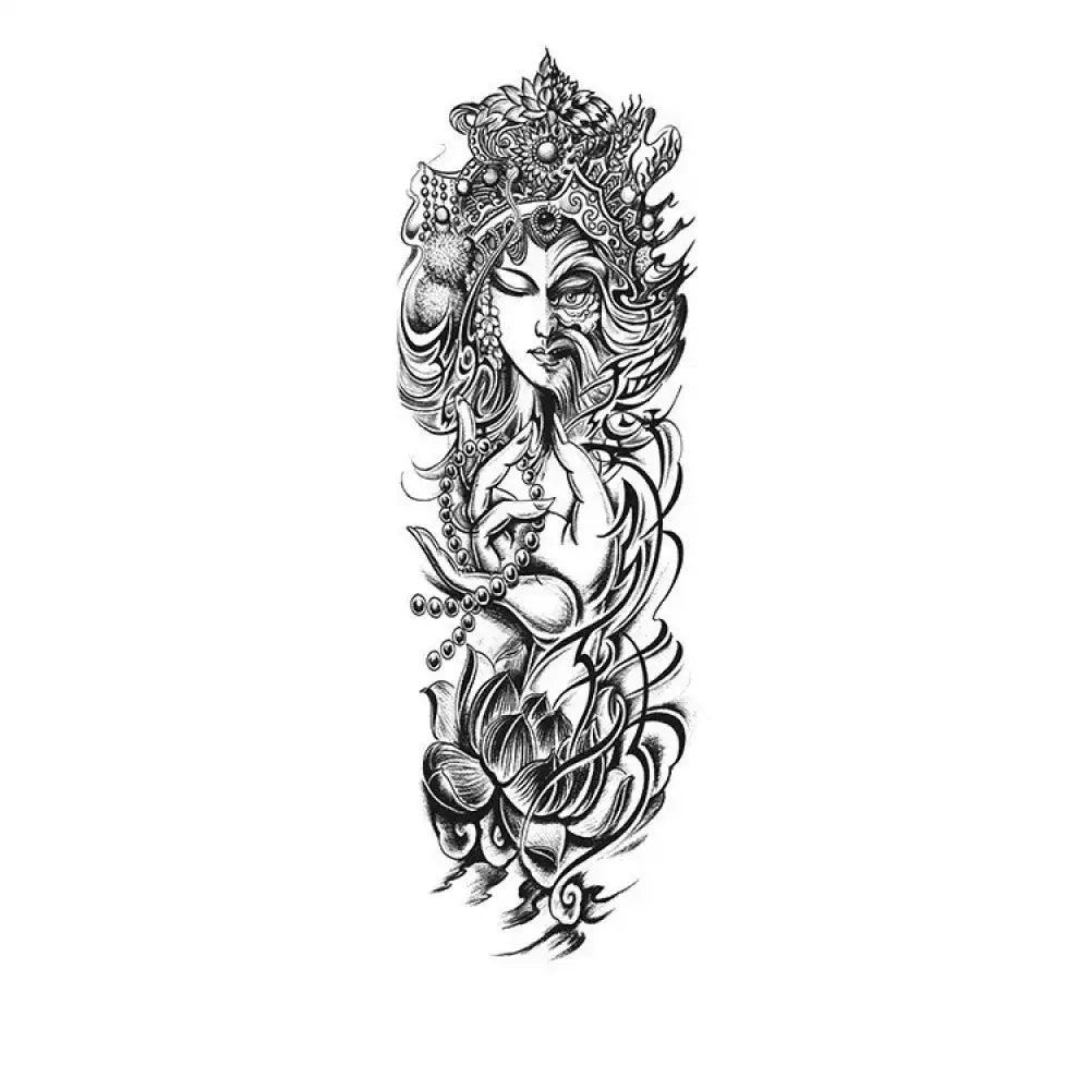 Black and white spiritual tattoo sticker of deity face, prayer beads, lotus