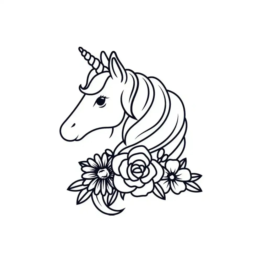 Unicorn head with flowing mane and flower bouquet tattoo sticker design