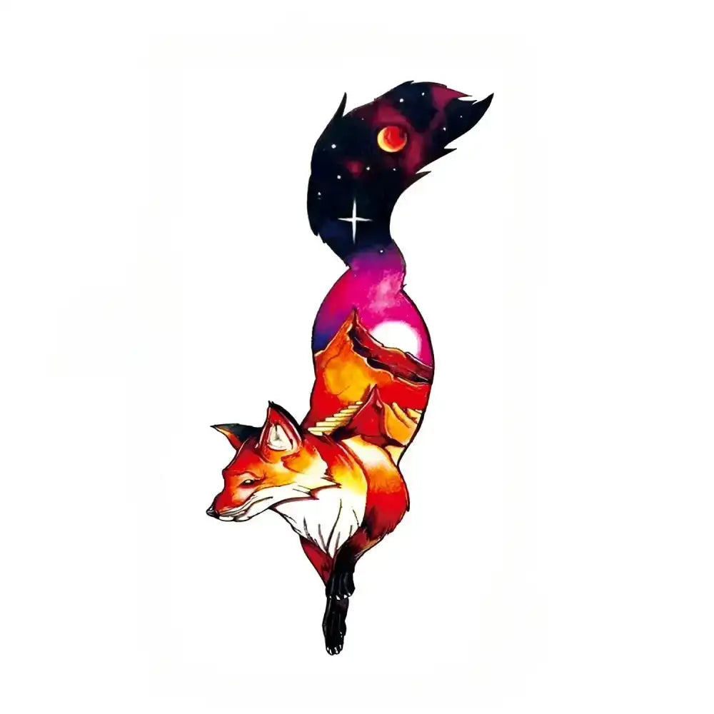 Abstract Fox Temporary Tattoo with galaxy background and vibrant colors, perfect for a semi-permanent tattoo