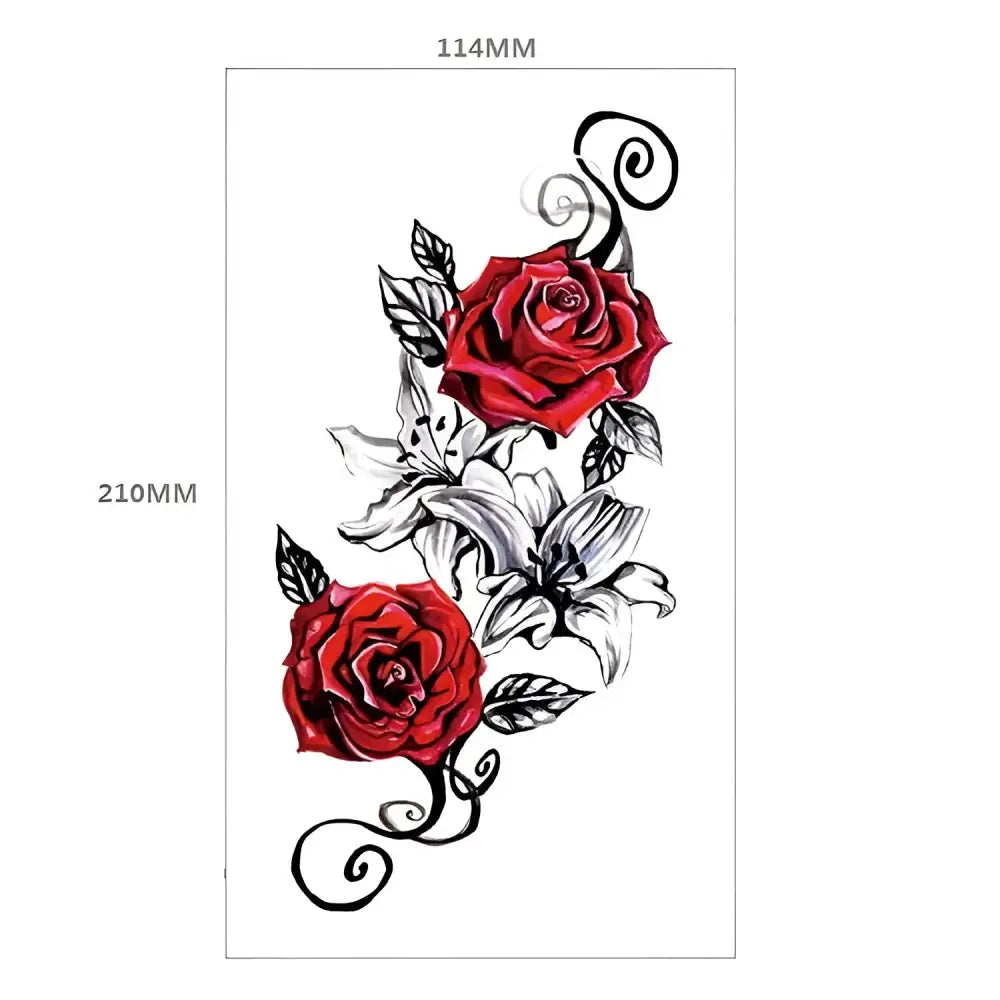 Vintage floral temporary tattoo featuring red roses, white lilies, and black vine accents