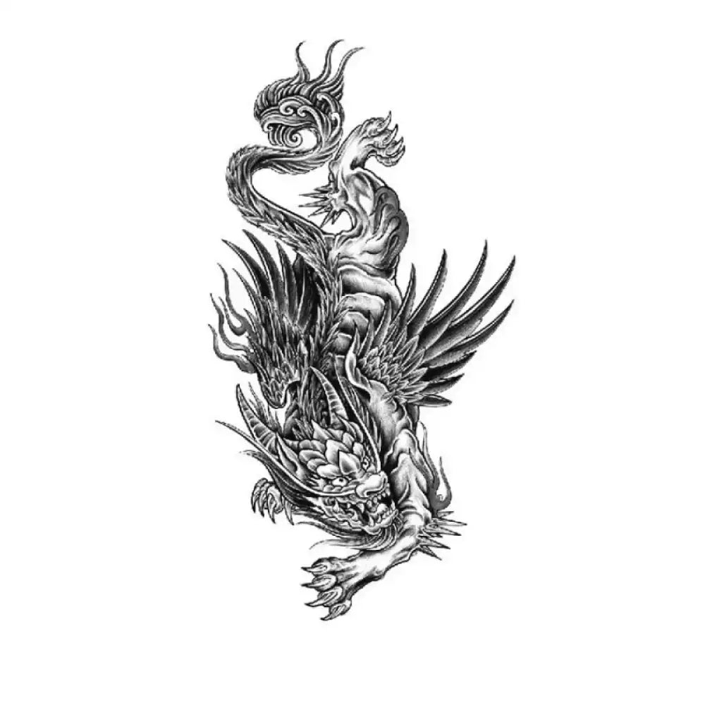 Intricate black and white winged dragon tattoo sticker from Winged Dragon Fury