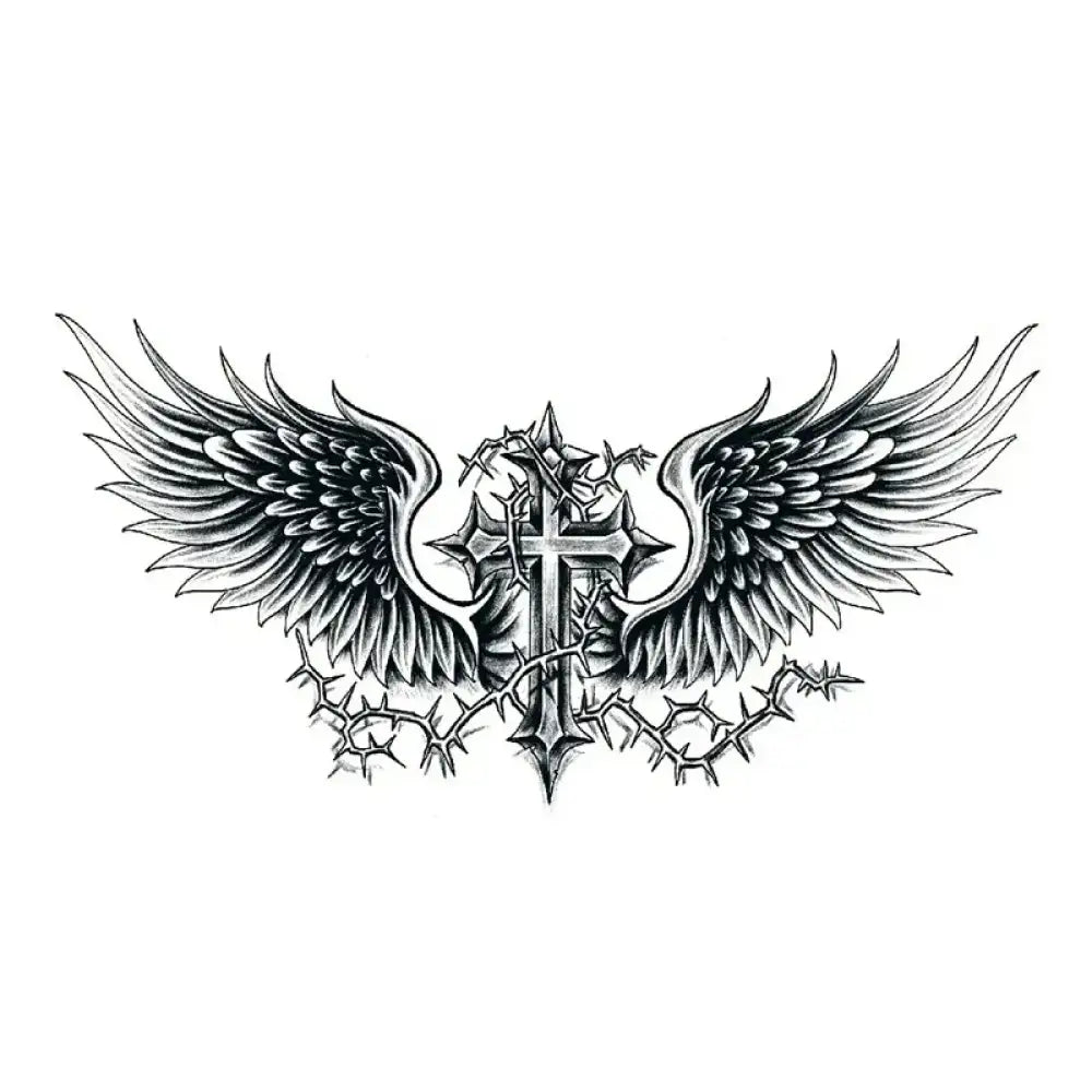 Winged thorn cross black and white tattoo sticker design