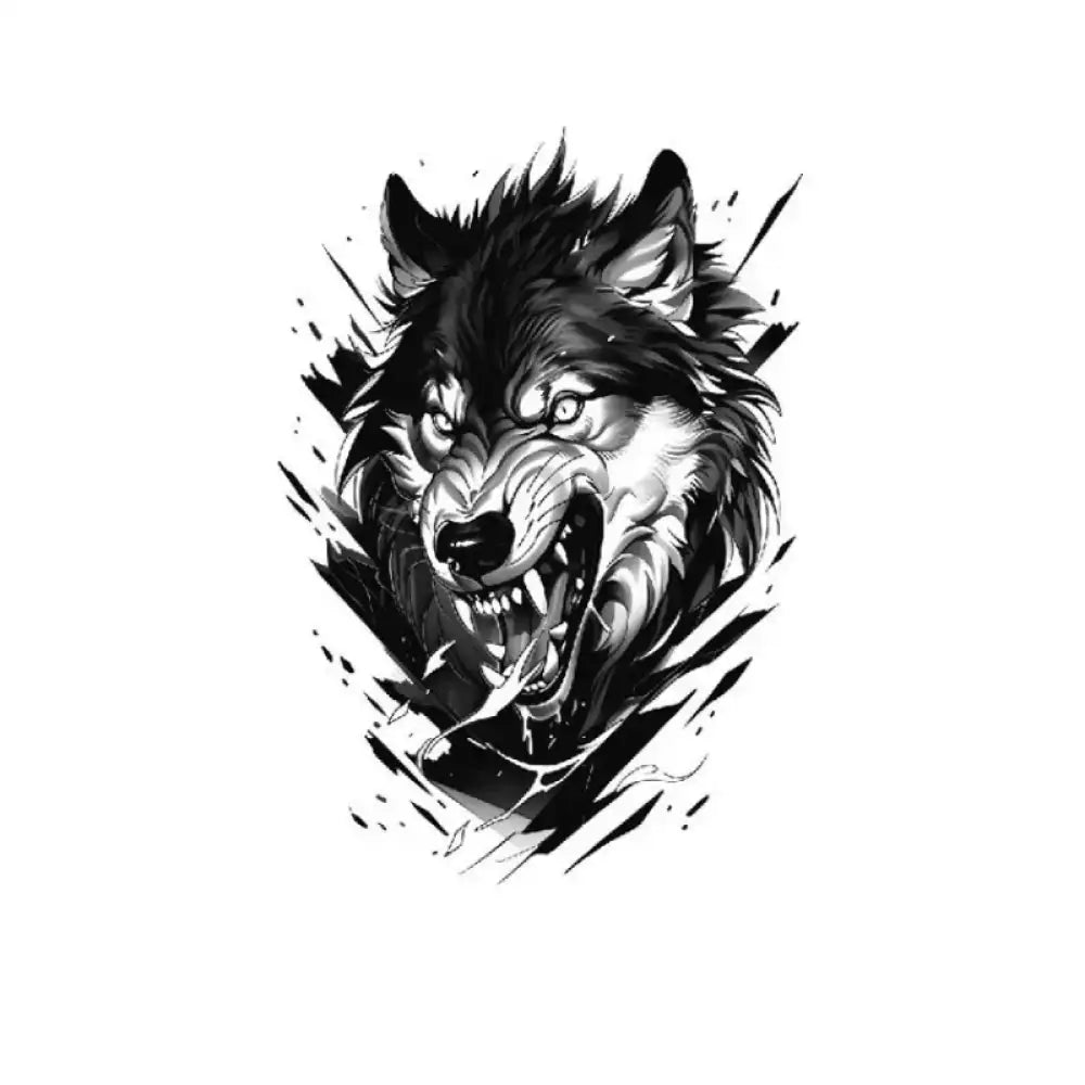 Aggressive snarling wolf head with sharp teeth and glowing eyes in black and white abstract style