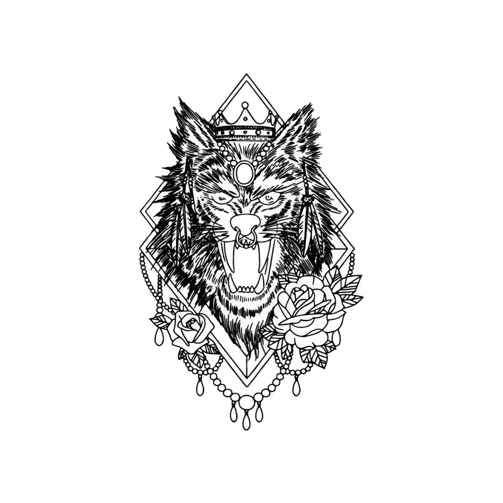 Fierce Wolf King tattoo sticker: crowned wolf head with fangs, roses, geometric shapes