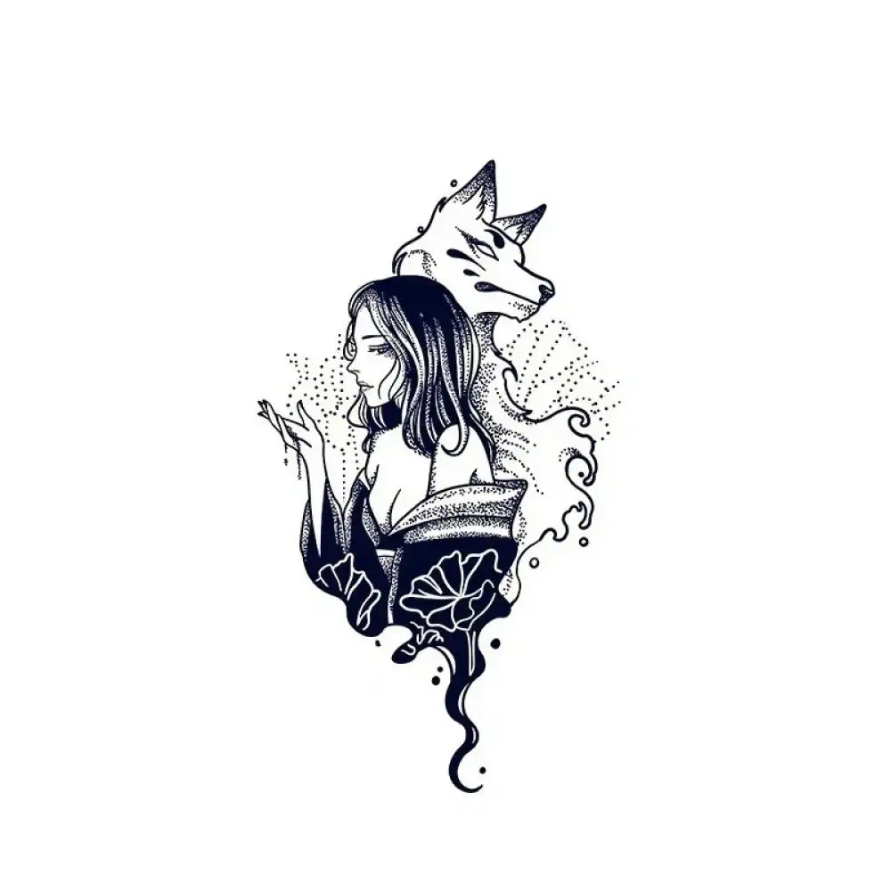 Black and white stippling tattoo sticker of a woman in kimono with a fox spirit design