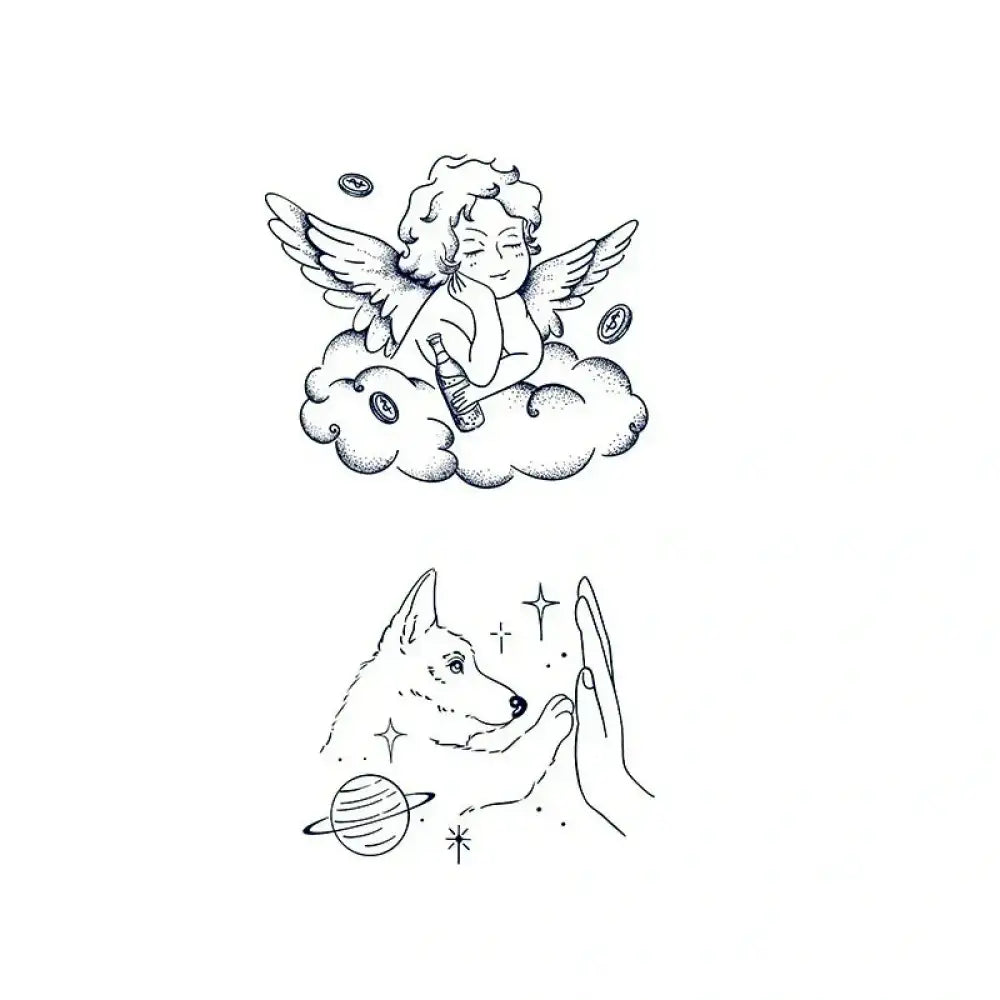 Minimalist tattoo designs featuring a cherub on a cloud and a dog high-five, perfect small tattoo options